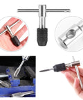 Heavy Duty Tap Handle Wrench Kit For Quick Hand Tapping with T Handle shown in hand and in use on metal, made from durable bearing steel.