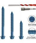 3/16 Inch By 1-1/4 Inch Hex Washer Head Concrete Screws Kit With Drill Bit And Hex Socket, 100 Pieces Blue Coated For Masonry Concrete Cement Block Brick Stucco, Heavy Duty Carbon Steel Anchor Kit shown with blue screws, drill bit, and hex socket.