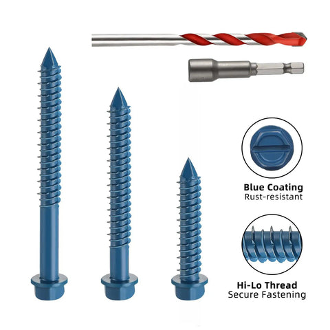 3/16 Inch By 1-1/4 Inch Hex Washer Head Concrete Screws Kit With Drill Bit And Hex Socket, 100 Pieces Blue Coated For Masonry Concrete Cement Block Brick Stucco, Heavy Duty Carbon Steel Anchor Kit shown with blue screws, drill bit, and hex socket.