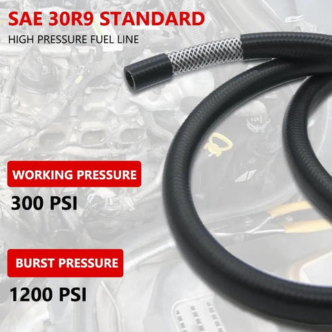 Close-up of Five Sixteenth Inch High Pressure Push Lock Fuel Injection Hose with SAE 30R9 standard.