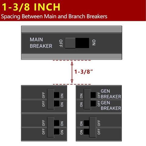 Diagram showing 1 3/8 inch spacing between main and generator breakers in a Generator Interlock Kit For 150 And 200 Amp Panels