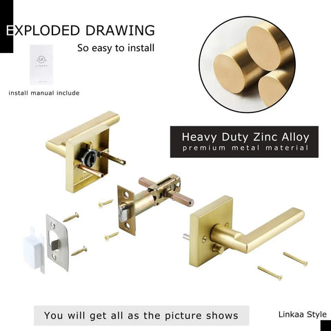 Exploded view of Gold Privacy Door Lever Handle for Interior Bedroom and Bathroom, Keyless Push Button Lock, parts shown