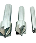 Three 120-degree chamfer milling cutters with straight shanks.