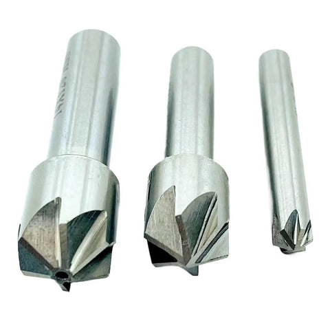 Three 120-degree chamfer milling cutters with straight shanks.