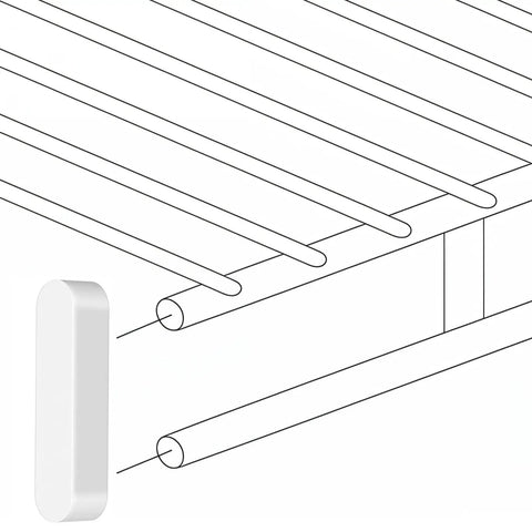 Illustration of a wire shelf with a Four Pack Plastic Wire Shelf End Caps And Rod Spacer Caps For Closet Rods White Dope Easy Install.