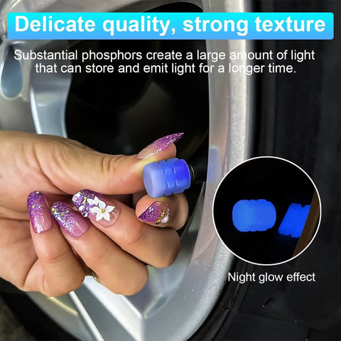 Person holding glow in the dark tire valve cap, showing fluorescent blue glow and easy snap on install for universal fit vehicles.