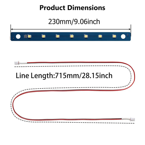 Plug And Play LED Light Strip Kit For Adventurer 5M Pro With 710mm Cable And 230mm Light Bar, dimensions shown