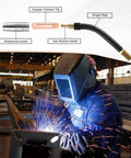 Welding scene with sparks, showcasing 0.023 Mig Welding Contact Tips for Guns Durable Gun Accessories Built Tough.