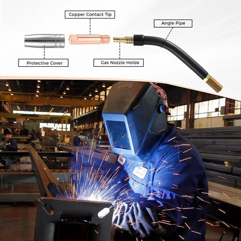 Welding scene with sparks, showcasing 0.023 Mig Welding Contact Tips for Guns Durable Gun Accessories Built Tough.