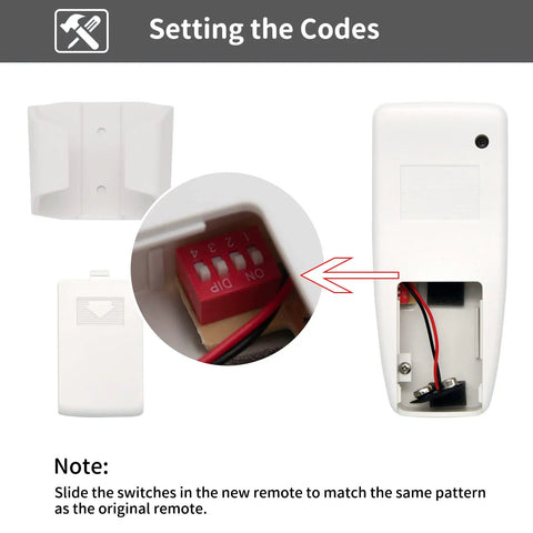 Ceiling Fan Remote Replacement For Harbor Breeze Hampton Bay, 303.9MHz, back view showing code switches and battery compartment