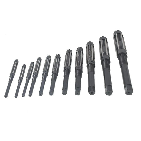 Pro Grade 11 Piece Adjustable Hand Reamer Set H4 To H14, 11.75mm To 38mm Range, High Speed Steel Blades display