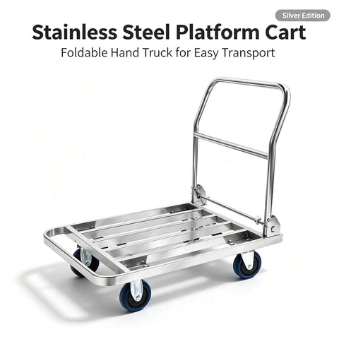 Heavy Duty Stainless Steel Folding Platform Hand Truck Be A Workhorse With 70 By 50 Cm Platform Foldable Handle Quiet Swivel Casters Utility Trolley For Warehouse Restaurant Office Durable All Weather Cart, stainless steel cart