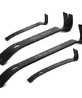 Four Piece Flat Pry Bar Set Featuring Five And Quarter Inch, Seven Inch, Twelve Inch, and Fifteen Inch Heavy Duty Nail Pullers in high-carbon steel