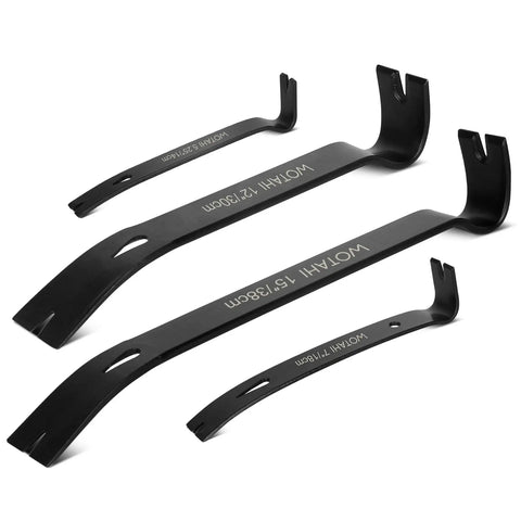 Four Piece Flat Pry Bar Set Featuring Five And Quarter Inch, Seven Inch, Twelve Inch, and Fifteen Inch Heavy Duty Nail Pullers in high-carbon steel