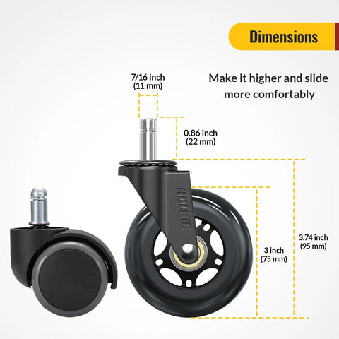 Office Chair Wheels Rollerblade Casters 3 Inch 11x22mm All Black Set Of 15 Smooth Silent Glide Safe For All Floors