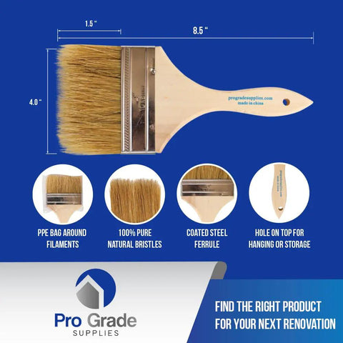 24 Pack 4 Inch Chip Paint Brushes With Disposable Natural China Bristles, Square Trim, Solid Wood Handles Illustrated Product Guide