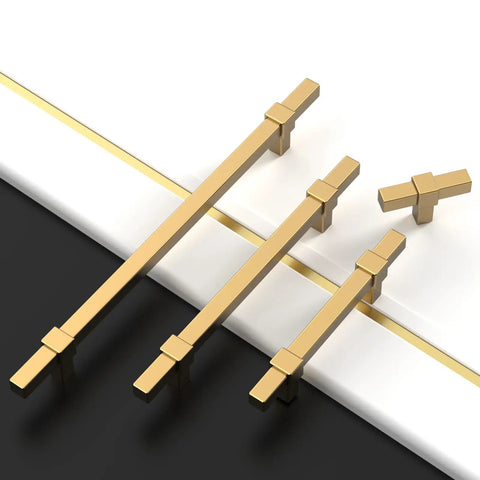 10 Pack 5 Inch Champagne Bronze Cabinet Pulls for Kitchen Cabinets and Drawers, 128mm handles placed diagonally on black and white surface