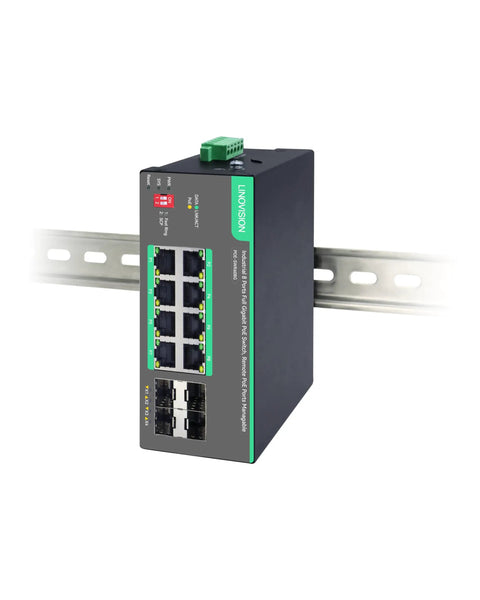 Industrial 8 Port Cloud Managed PoE Switch With 4 SFP Uplinks mounted on rail, front view showing ports and LED indicators