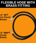 Flexible hose with brass fittings, 1/4" NPT tire chuck, part of 12 Piece Air Tank Repair Kit With Pressure Gauge And Hose Assembly.