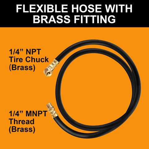 Flexible hose with brass fittings, 1/4" NPT tire chuck, part of 12 Piece Air Tank Repair Kit With Pressure Gauge And Hose Assembly.