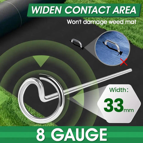 Close-up of 8 gauge galvanized steel garden staple with round head, securement of weed barrier on grass