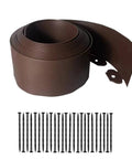 DIY Friendly 20Ft Plastic Garden Edging Kit With 25 Stakes Four Point Five Inch Tall Lawn Border For Yard Flower Beds And Pathways Easy To Install With Ground Spikes, coiled edging and stakes visible.