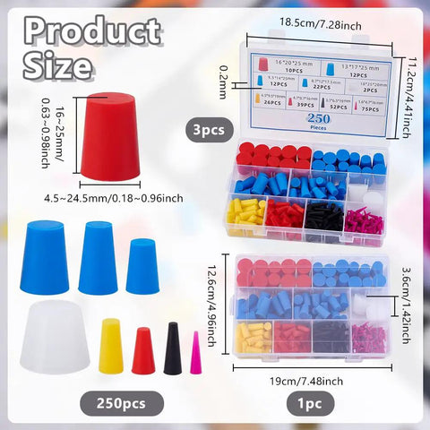 Super Rad 250 Piece Silicone Tapered Plug Assortment Kit With Nine Sizes From One Fifteenth Inch To One Inch Perfect For Coating And Painting Projects Plus A Snazzy Storage Box For Every DIYer And Pro, assorted plugs in box