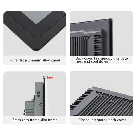 Detail view of Tough As Nails 15 Inch Industrial Tablet Computer panel and back cover fins for heat dissipation.