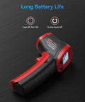 Black and red infrared thermometer gun with digital display, labeled 'Long Battery Life' for Infrared Thermometer Gun For Cooking and Grilling, Non Contact Digital IR Temperature Meter, 12:1 Distance, -58℉ To 1094℉ Range, Laser Heat Sensor For BBQ Pizza Oven Grill Griddle, Safe Surface Temp Check.