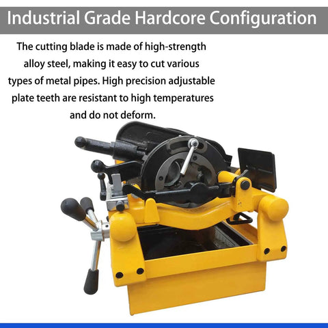 Built Tough Electric Pipe Threader Machine showing high-strength alloy steel blade for cutting metal pipes.