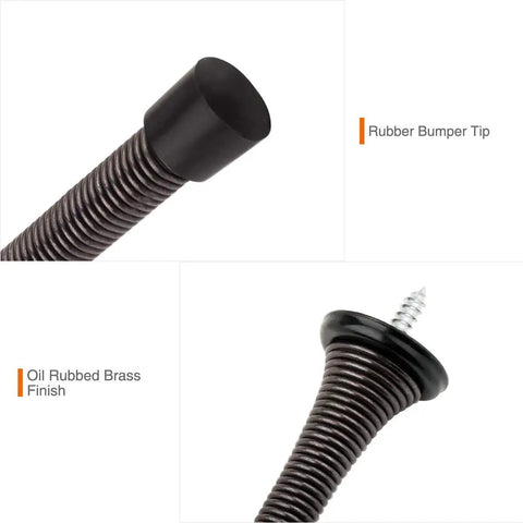 Close-up of Two Pack Premium Spring Door Stoppers In Glossy Oil Rubbed Bronze Featuring Flexible Black Rubber Pads, showing rubber tip.