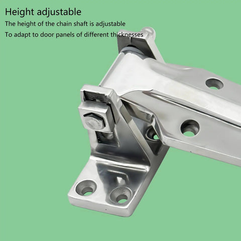 Beefed Up Heavy Duty Walk In Cooler Door Hinge With Spring Assisted Rise Flush Mounted Reversible Lift Hinge For Commercial Refrigeration Chrome Plated Floor Saver Design Airtight Seal Single Pack showing height adjustability on a green background.