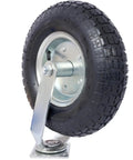 Four Pack Of Black Pneumatic Caster Wheels Combining 12 Inch Ribbed Tires And Precision Ball Bearings For Heavy Duty Swivel Rigid Applications That Handle Rough Floors Like A Total Champ close-up of a heavy-duty pneumatic caster wheel showing steel hub and ribbed tire.