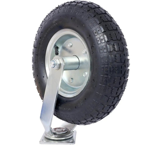 Four Pack Of Black Pneumatic Caster Wheels Combining 12 Inch Ribbed Tires And Precision Ball Bearings For Heavy Duty Swivel Rigid Applications That Handle Rough Floors Like A Total Champ close-up of a heavy-duty pneumatic caster wheel showing steel hub and ribbed tire.