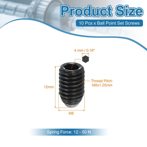 Heavy Duty Carbon Steel Ball Point Set Screws With Hex Socket Spring Plunger Mechanism Used For Industrial Machines And Furniture Repairs Ships As Ten Black Grub Bolts with size details.