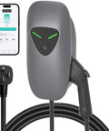 Portable 40 Amp NEMA 14 50 EV Charger With 9.6 kW Fast Charging, 25 Ft Cable, Plug And Play Ready, WiFi Smart Control, RFID Access, J1772 240V Wall Charger For Home Indoor Or Outdoor Use, Grey with smartphone app display.