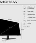 Series 3 27-Inch Dope Full HD IPS Monitor with HDMI cable and accessories in black, showing dimensions and components included.