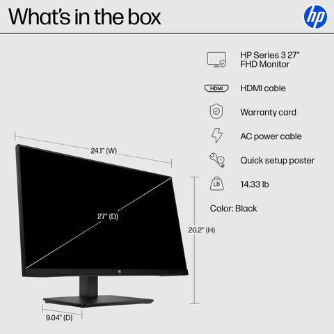 Series 3 27-Inch Dope Full HD IPS Monitor with HDMI cable and accessories in black, showing dimensions and components included.