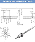 Ball Screw And Linear Motion Workhorse Kit For CNC Machines 12mm Travel SFU1204 Compatible End Machined BK BF10 150 To 550mm Stroke Nut Included High Precision CNC Part 1 Piece size chart with dimensions and screw drawing