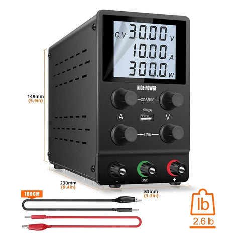 30V 5A 10A DC Variable Lab Power Supply For Electronics DIY Pro Grade Bench Top Regulated PSU With Low Ripple, cables shown