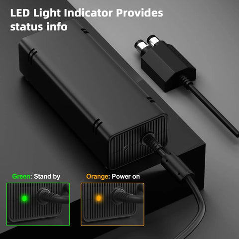 Xbox 360 Slim Power Supply Replacement With Dope Quiet Cooling Fan AC Adapter For Xbox 360 Slim Console Non OEM Replacement Boosted Cooling And Smooth Performance Easy Plug And Play black power brick with LED status light and cable