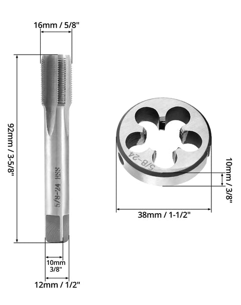5/8-24 UNEF Right Hand HSS Tap And Die Set For Precision Thread Repair In Iron Aluminum Copper Heavy Duty Alloy Steel Round Die Tool To Fix Damaged Threads Fast And Save You From Costly Replacements On DIY And Pro Projects, tap and die dimensions
