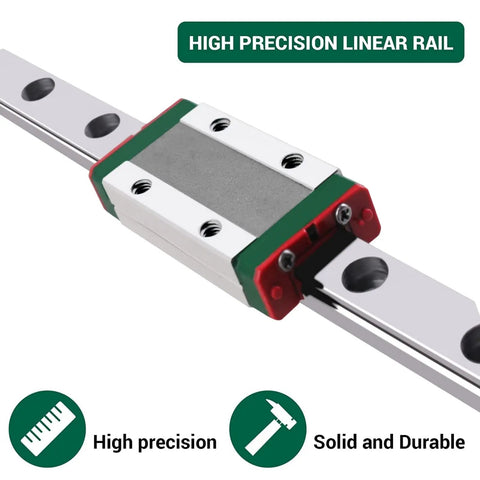 Close-up of MGN9H 300mm Linear Rail Guide Kit with Dual Carriage Blocks for CNC machine upgrade. High precision metal rail.