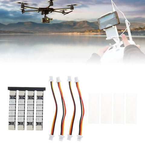 Programmable 2812 LED Arm Light Kit For FPV Drones, 4 Piece Strip Lights, installation cables, and drone controller
