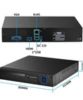 Professional Grade Top Shelf 32 Channel 4K Nvr Recorder back and front views showing ports and dimensions for connectivity and use.