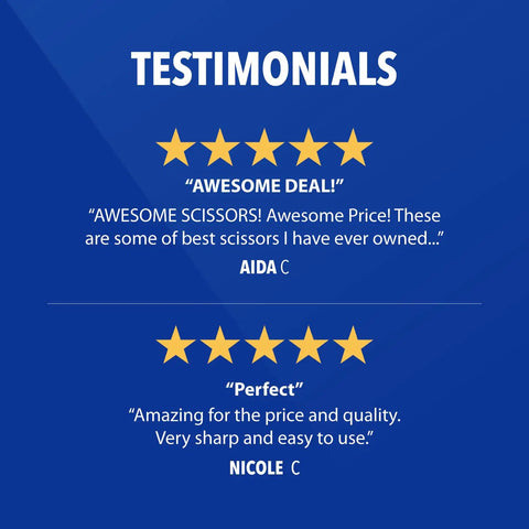 Image of testimonials praising 8 Inch Titanium Bonded Scissors For Home Office And Classroom, Beefy Heavy Duty Cutting Tool.
