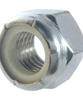 Close-up of a zinc plated hex lock nut with nylon insert, part of the Forty Piece 3/8-16 Zinc Plated Nylon Insert Hex Lock Nuts Set.