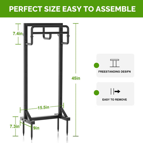 Heavy Duty Freestanding Garden Hose Holder With Stable Base And Tool Hooks, Rustproof Metal Hose Storage Stand For Up To 151 Feet Of Hose, Ideal For Outdoor Yard Lawn And Patio, Black Finish.