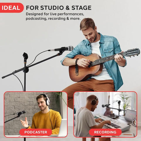 Musician using Pair Of Universal Adjustable Tripod Microphone Stands Heavy Duty Lightweight Stage Studio Boom Mic Holders