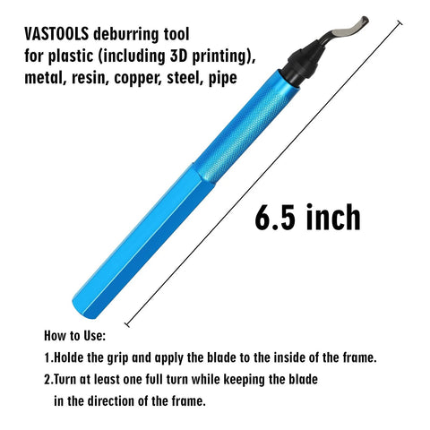 VASTOOLS deburring tool with blue metal handle and curved blade, 6.5 inch length.